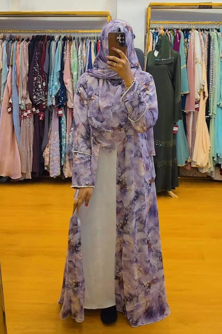 Lavender Marble Open Abaya Set